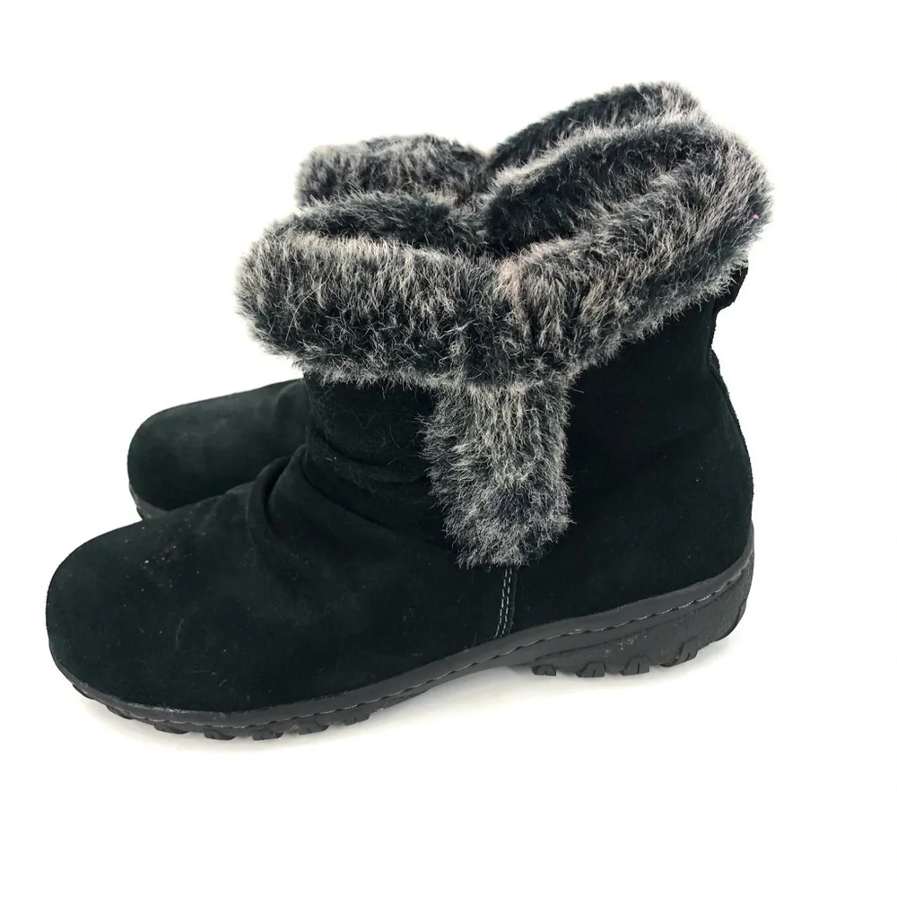 Khombu Size 7 Lisa Boots All Weather Black Suede Leather Faux Fur Trim Outdoor